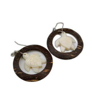 Carved Turtle Earrings Dangle 1.5 inches Hoop